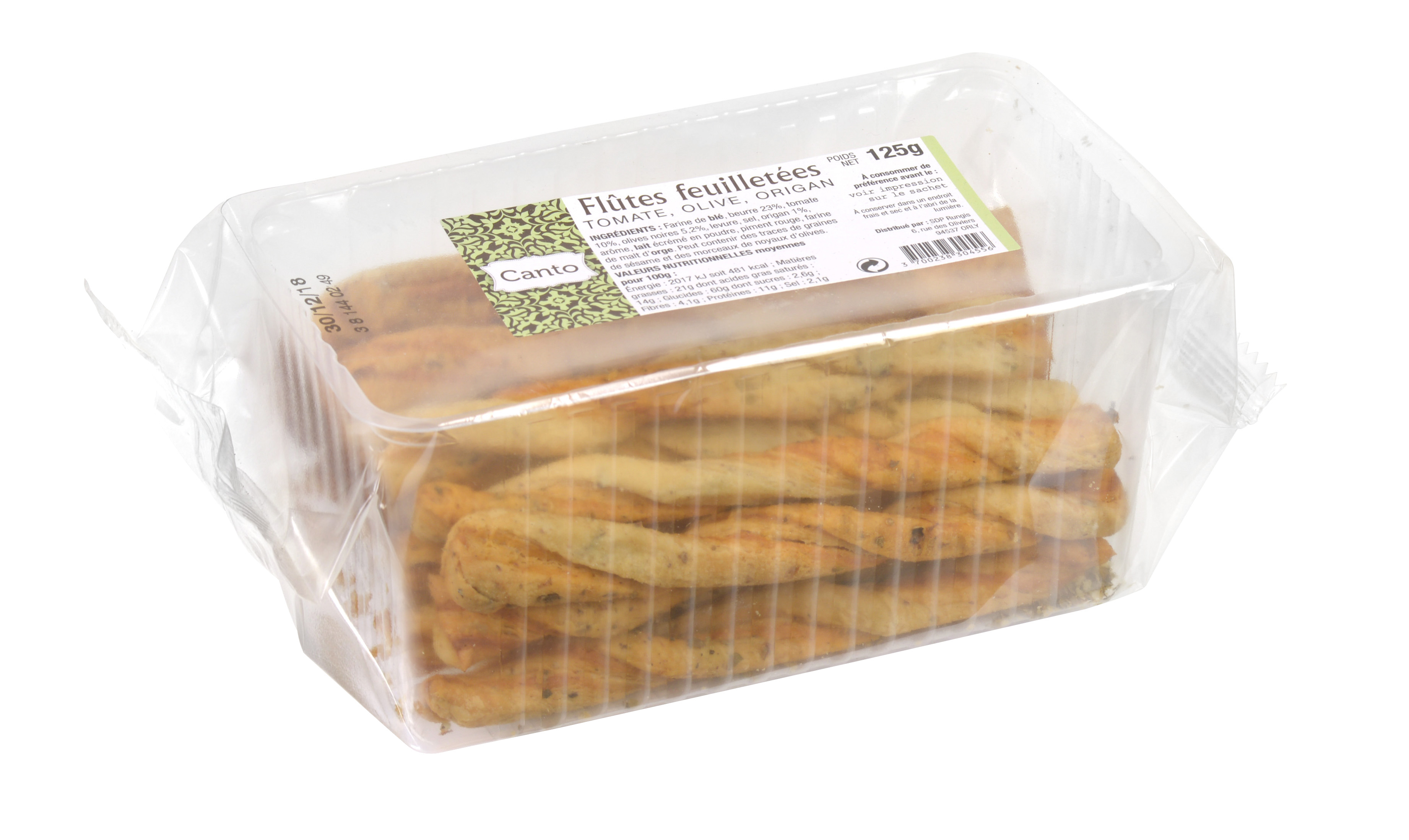 FLUTES FEUILLETEES TOMATE OLIVE ORIGAN