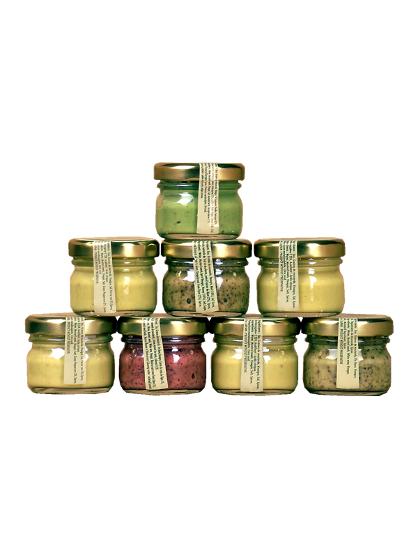 MOUTARDES AROMATISEES FORTE, CASSIS, POIVRE VERT, VERTE A L'ESTRAGON, GRAINS, PAIN D'EPICES