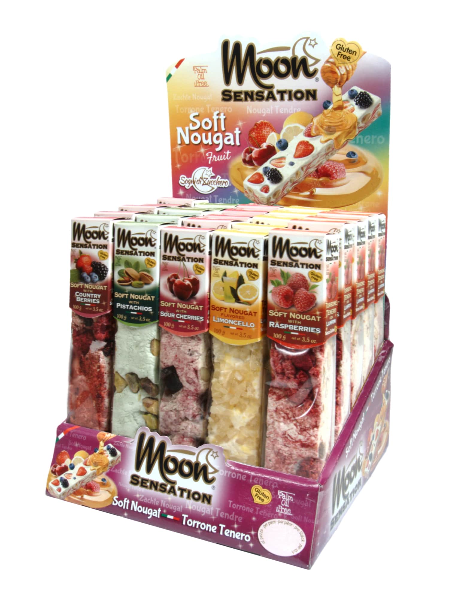 PRESENTOIR BARRES NOUGAT: FRAMBOISE, CERISE NOIRE, LIMONCELLO, FRUITS DES BOIS, PISTACHE