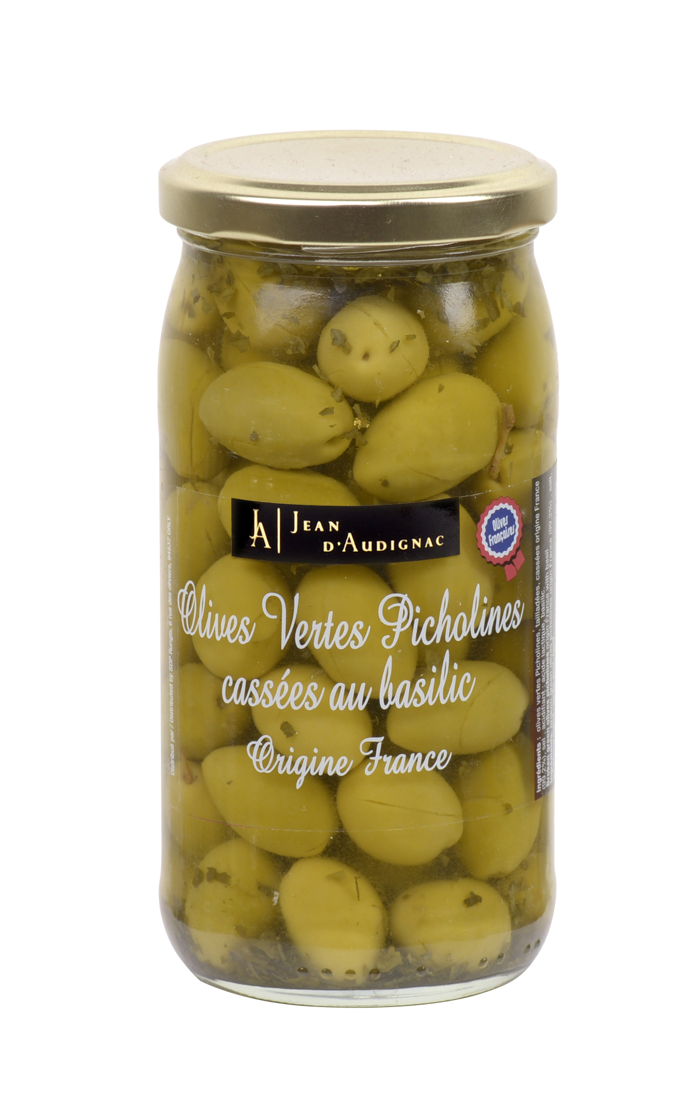 OLIVES PICHOLINES VERTES CASSEES AU BASILIC