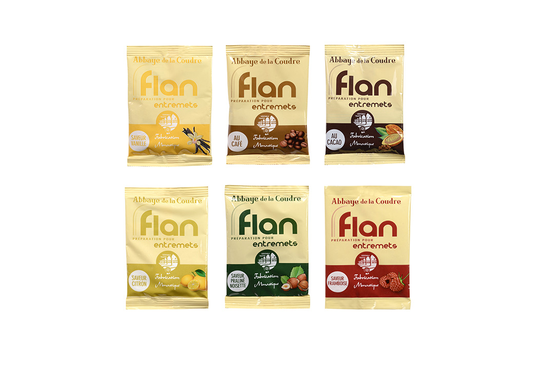 ASSORTIMENT FLANS CACAO, CAFE, CITRON, PRALINE NOISETTE, VANILLE, FRAMBOISE