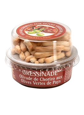 Gressinade olivade de chorizo aux olives vertes de pays