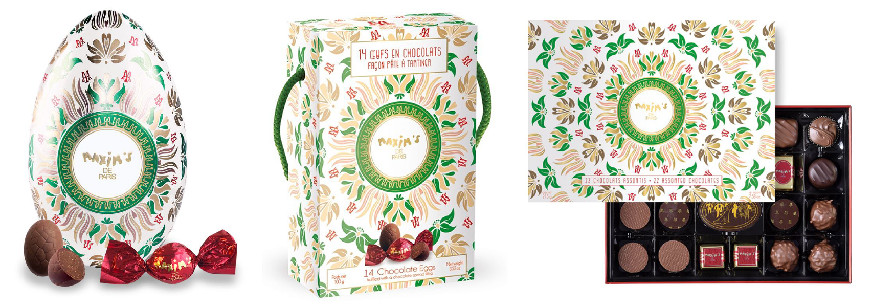 Maxim's Pâques 2023 coffret pralinés, oeufs métal et boîte de mini-oeufs à motif printemps